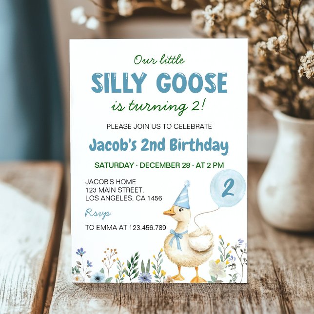 Little Silly Goose Blue Balloon 2nd Birthday Invitation (Creator Uploaded)