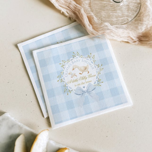 Little Silly Goose Blue Gingham Baby Shower Napkin (Creator Uploaded)