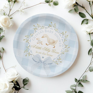 Little Silly Goose Blue Gingham Baby Shower Paper Plate