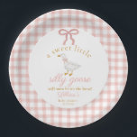 Little Silly Goose Blush Pink Gingham Baby Shower  Paper Plate<br><div class="desc">Add the sweetest finishing touch to your celebration with these “Sweet Little Silly Goose Will Soon Be on the Loose” baby shower paper plates. Designed with a soft blush pink gingham plaid background and an adorable white goose wearing a pink bow, these charming baby shower plates bring a timeless, preppy...</div>