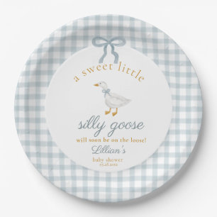 Little Silly Goose Bow Baby Shower Blue Gingham  Paper Plate