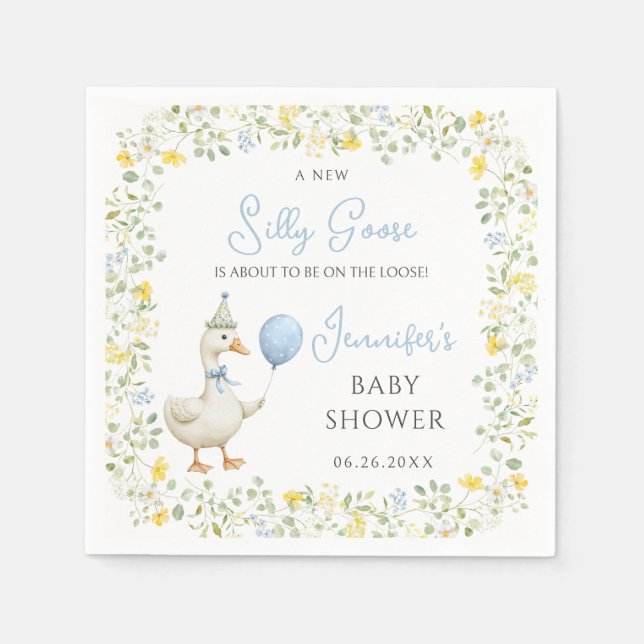 Little Silly Goose on the Loose Baby Boy Shower Napkin (Front)