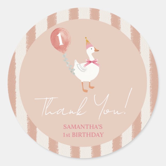 Little Silly Goose Pink Balloon Birthday Thank You Classic Round Sticker (Front)