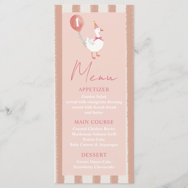 Little Silly Goose Pink Balloon Girl 1st Birthday Menu (Front)