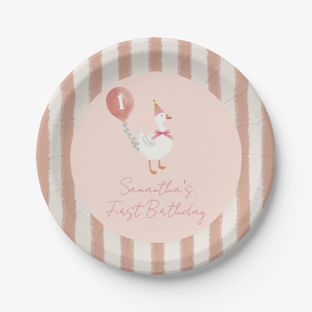 Little Silly Goose Pink Balloon Girl 1st Birthday Paper Plate (Front)