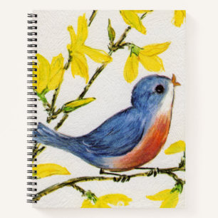 Little Singing Red and Blue Bird in Tree flowers Notebook