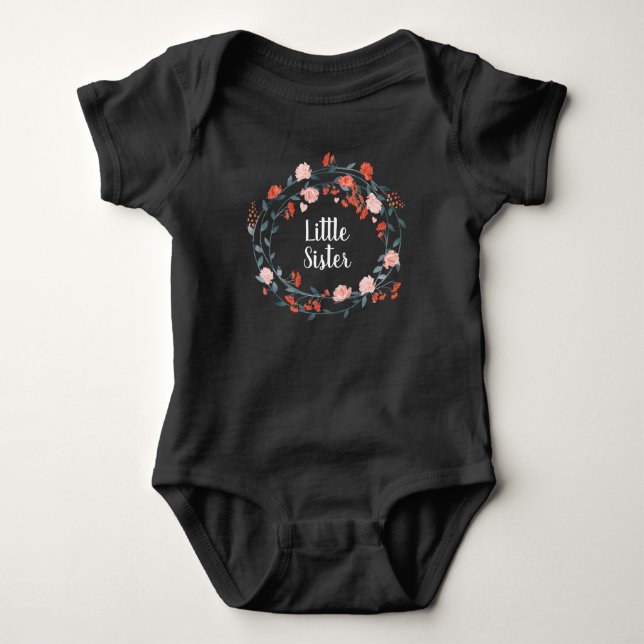 Little Sister Coral Peony Wreath Baby Girl Bodysuit (Front)