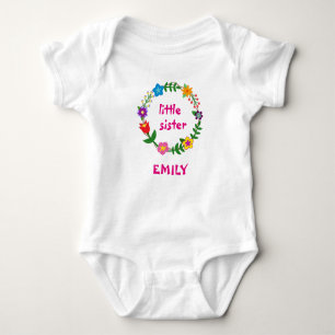 Little Sister, Floral Frame, Personalise Name Baby Bodysuit