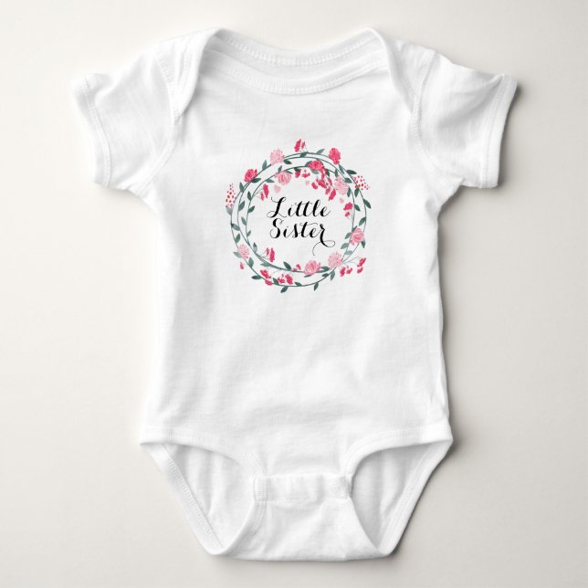 Little Sister or Flower Girl Pink Peony Wreath Baby Bodysuit (Front)