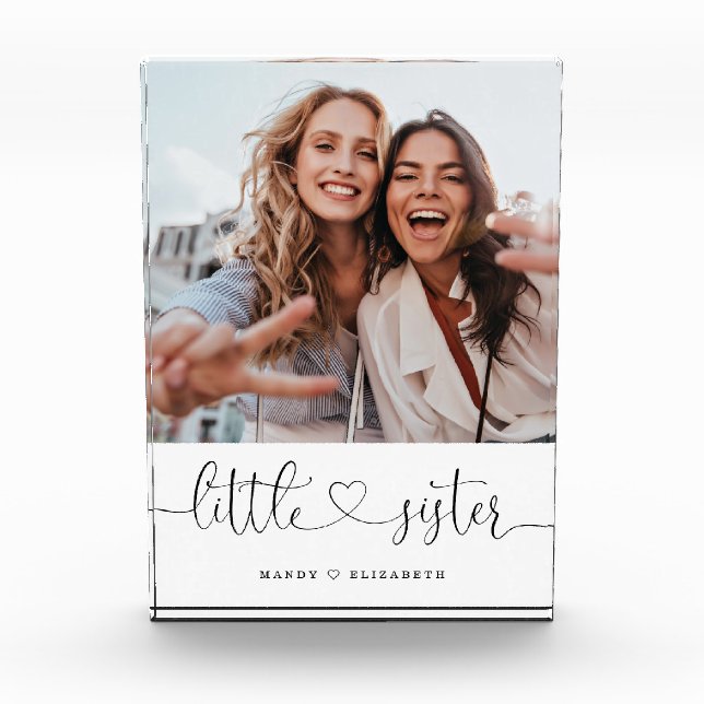 Little Sister Script Sisters Gift Photo Keepsake Block (Front)