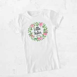 Little Sister Watercolor Floral Wreath with Name T-Shirt