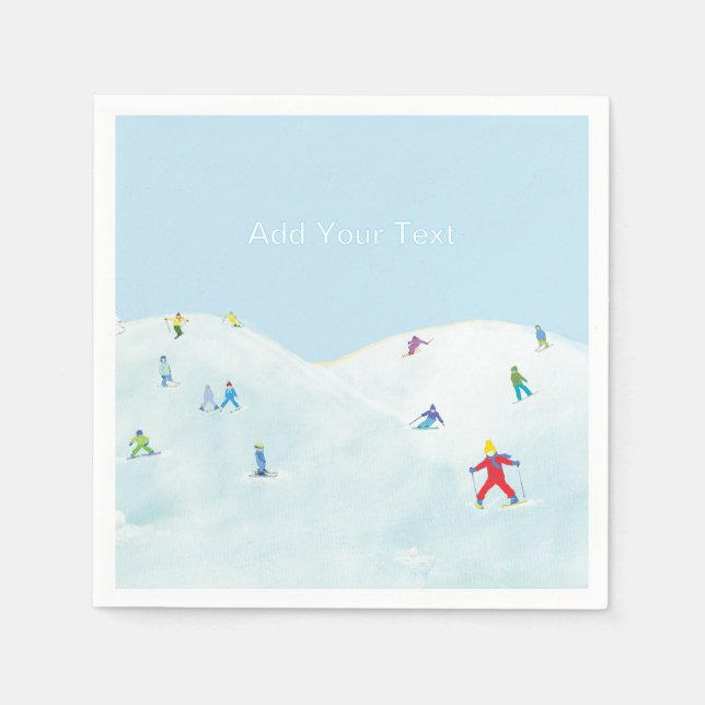 Little Skiers On Snowy Hill Personalised Napkin (Front)