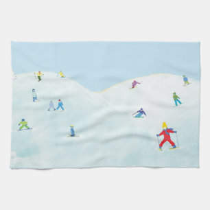 Little Skiers On Snowy Hill Tea Towel