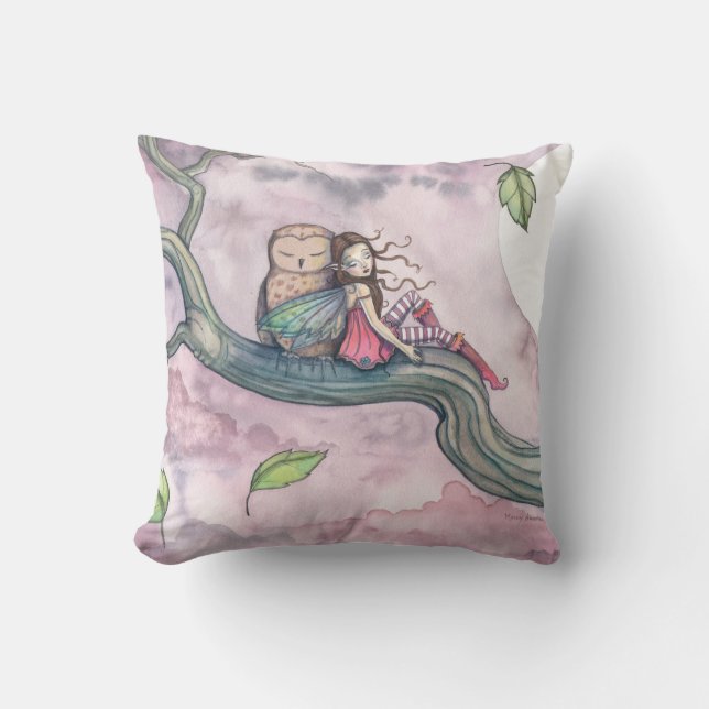 Little Sleeping Faerie and Owl Throw Pillow (Front)
