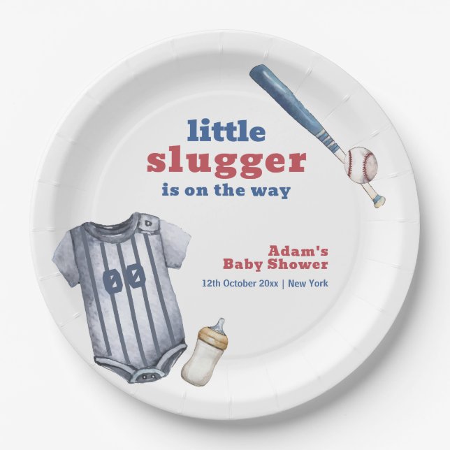 Little Slugger Baseball Shirt Bottle Baby Shower  Paper Plate (Front)