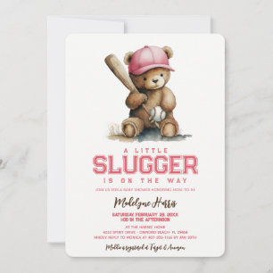 Little Slugger Girl Teddy Bear Baby Shower  Invitation