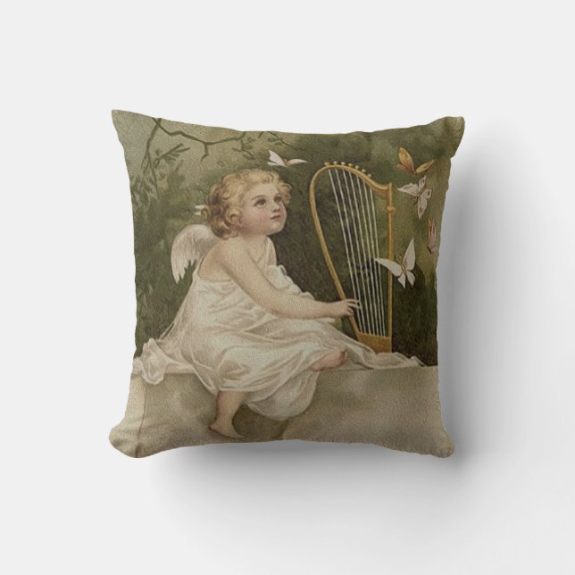 Little Smiling Angel with Butterflies and Harp Cushion (Front)