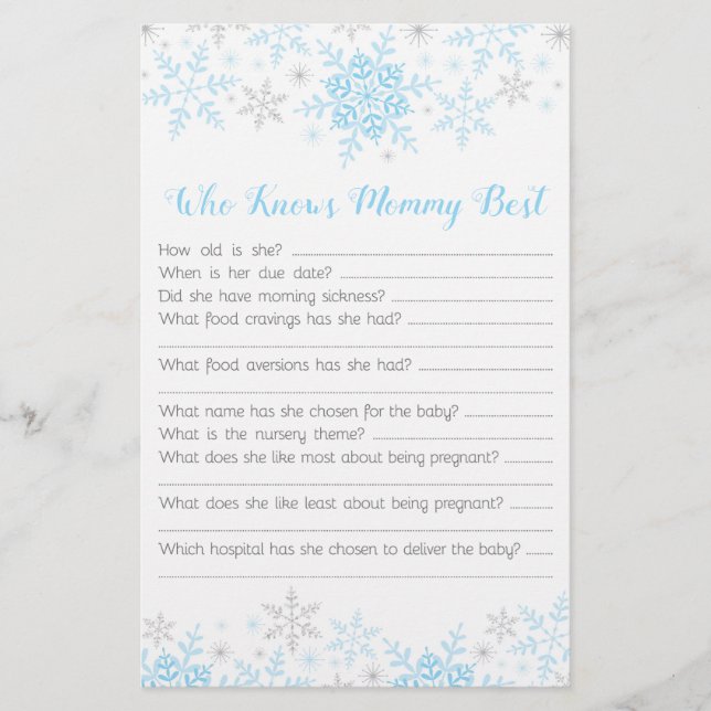 Little Snowflake Baby Boy Shower Mummy Quiz Blue (Front)