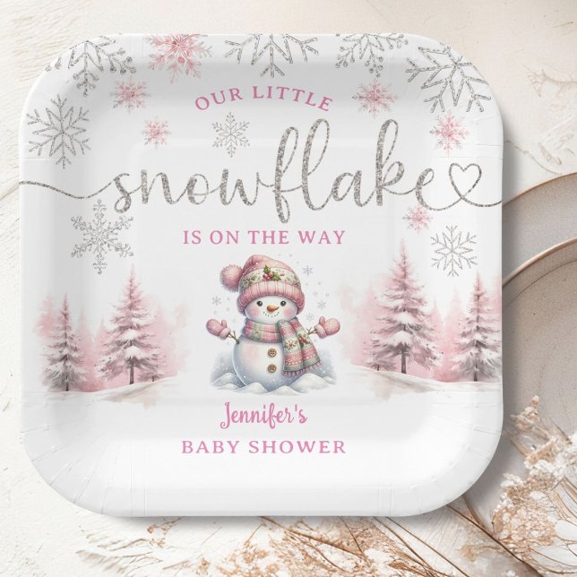 Little Snowflake Baby Shower Girl Pink Paper Paper Plate (Creator Uploaded)