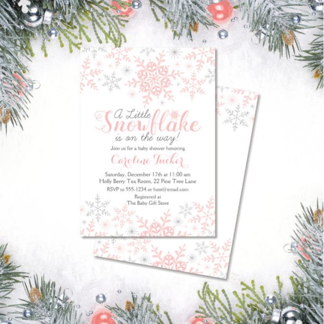 Little Snowflake Baby Shower Invite in Pink Silver (Creator Uploaded)