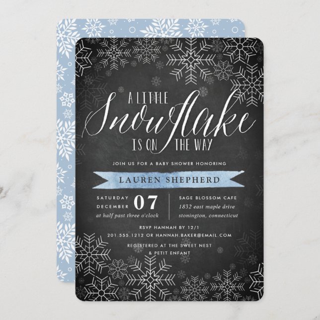 Little Snowflake Blue Chalkboard Baby Shower Invitation (Front/Back)
