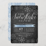 Little Snowflake Blue Chalkboard Baby Shower Invitation<br><div class="desc">Brrr! Frosty chic invitations for winter baby showers feature a white snowflake border on a rustic chalkboard background with light blue watercolor accents. "A little snowflake is on the way" appears at the top in chic white calligraphy script lettering. Personalise with your baby boy shower details beneath using the template...</div>