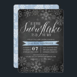 Little Snowflake Blue Chalkboard Baby Shower Invitation<br><div class="desc">Brrr! Frosty chic invitations for winter baby showers feature a white snowflake border on a rustic chalkboard background with light blue watercolor accents. "A little snowflake is on the way" appears at the top in chic white calligraphy script lettering. Personalise with your baby boy shower details beneath using the template...</div>