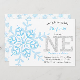 Little Snowflake Blue Silver Glitter 1st Birthday Invitation