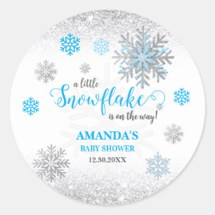 Little Snowflake Blue Silver Glittery Baby Shower Classic Round Sticker