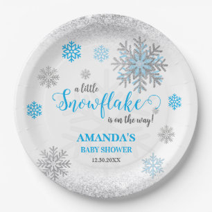 Little Snowflake Blue Silver Glittery Baby Shower  Paper Plate