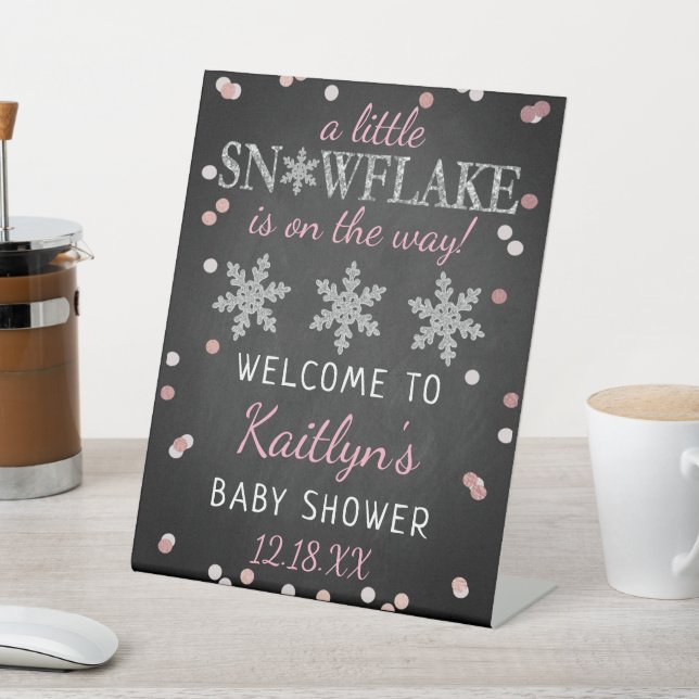 Little Snowflake Girls Winter Baby Shower Welcome Pedestal Sign (In SItu)