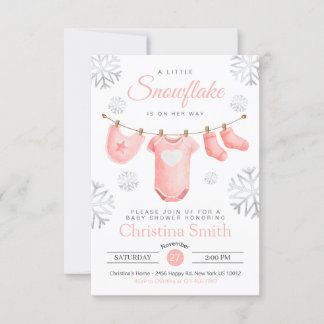 Little Snowflake On The Way Pink Baby Girl Shower Invitation