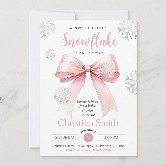 Little Snowflake On The Way Pink Bow Baby Shower Invitation (Front)