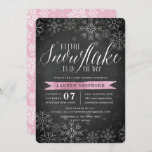 Little Snowflake Pink Chalkboard Baby Shower Invitation<br><div class="desc">Brrr! Frosty chic invitations for winter baby showers feature a white snowflake border on a rustic chalkboard background with baby pink watercolor accents. "A little snowflake is on the way" appears at the top in chic white calligraphy script lettering. Personalise with your baby girl shower details beneath using the template...</div>