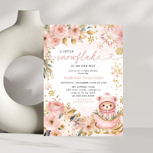 Little Snowflake Pink Floral Bear Baby Shower Invitation