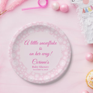 Little snowflake pink girl baby shower paper plate