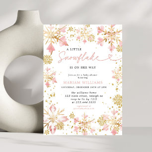 Little Snowflake Pink Gold Girl Baby Shower Invitation