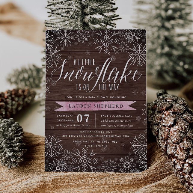 Little Snowflake Pink Rustic Wood Baby Shower Invitation (Creator Uploaded)