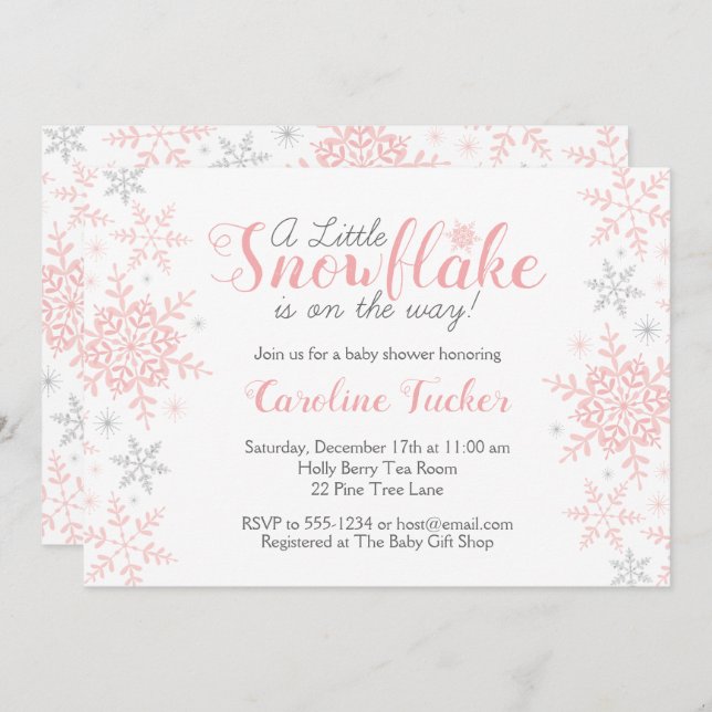 Little Snowflake Pink Silver Glitter Baby Shower Invitation (Front/Back)