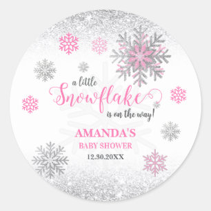 Little Snowflake Pink Silver Glittery Baby Shower  Classic Round Sticker