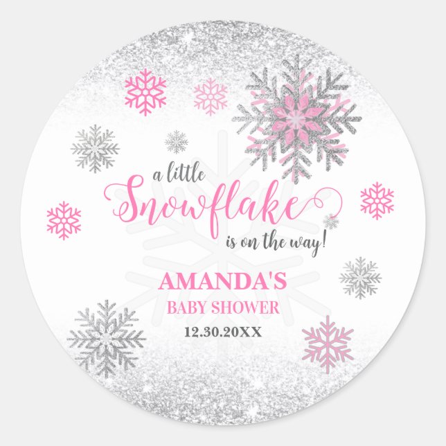 Little Snowflake Pink Silver Glittery Baby Shower  Classic Round Sticker (Front)