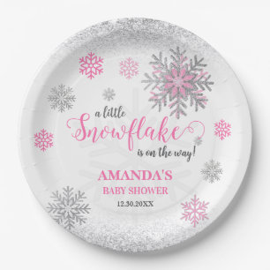 Little Snowflake Pink Silver Glittery Baby Shower Paper Plate