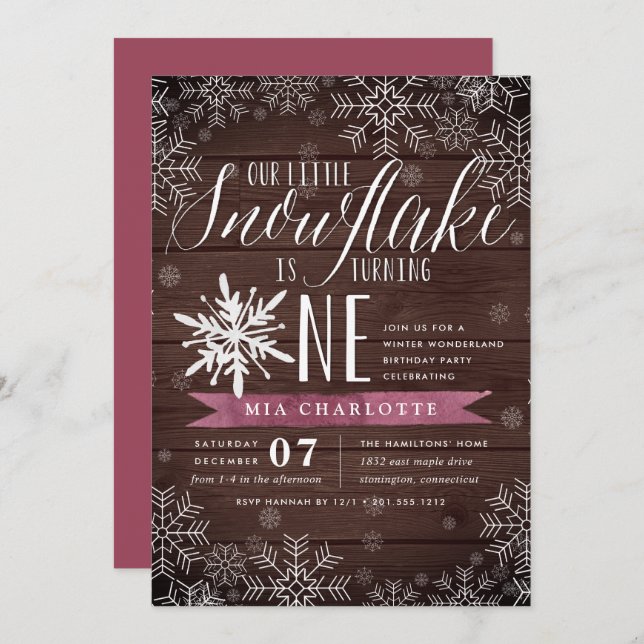 Little Snowflake Plum Rustic Wood First Birthday Invitation (Front/Back)