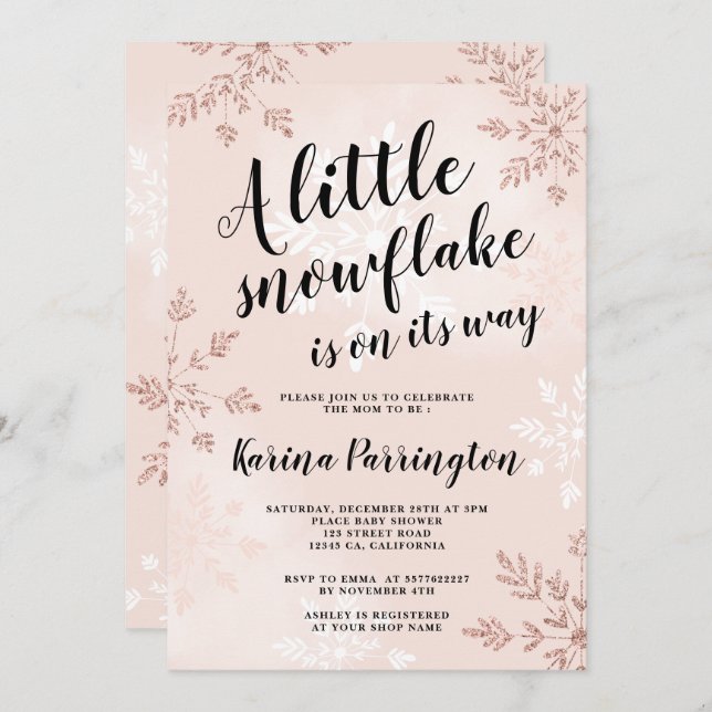 Little snowflake rose gold pink script baby shower invitation (Front/Back)