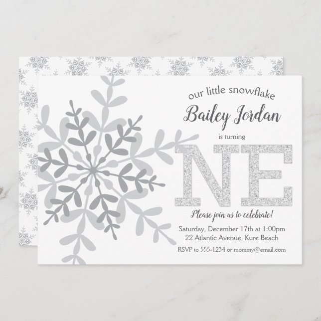 Little Snowflake Silver Glitter 1st Birthday Invitation (Front/Back)