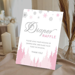 Little Snowflake Winter Baby Shower Diaper Raffle Pedestal Sign