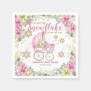 Little Snowflake Winter Floral Pink Baby Shower Napkin