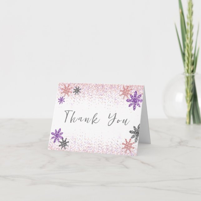Little Snowflake Winter Pink Baby Shower Silver Thank You Card (Front)