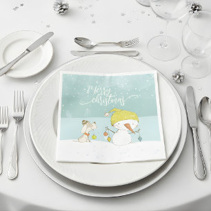 Little snowman and dog in christmas winter scene napkin