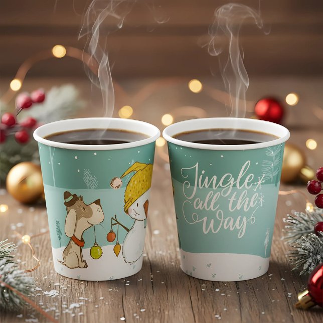 Little snowman and dog in christmas winter scene paper cups (little snowman and dog christmas cup)